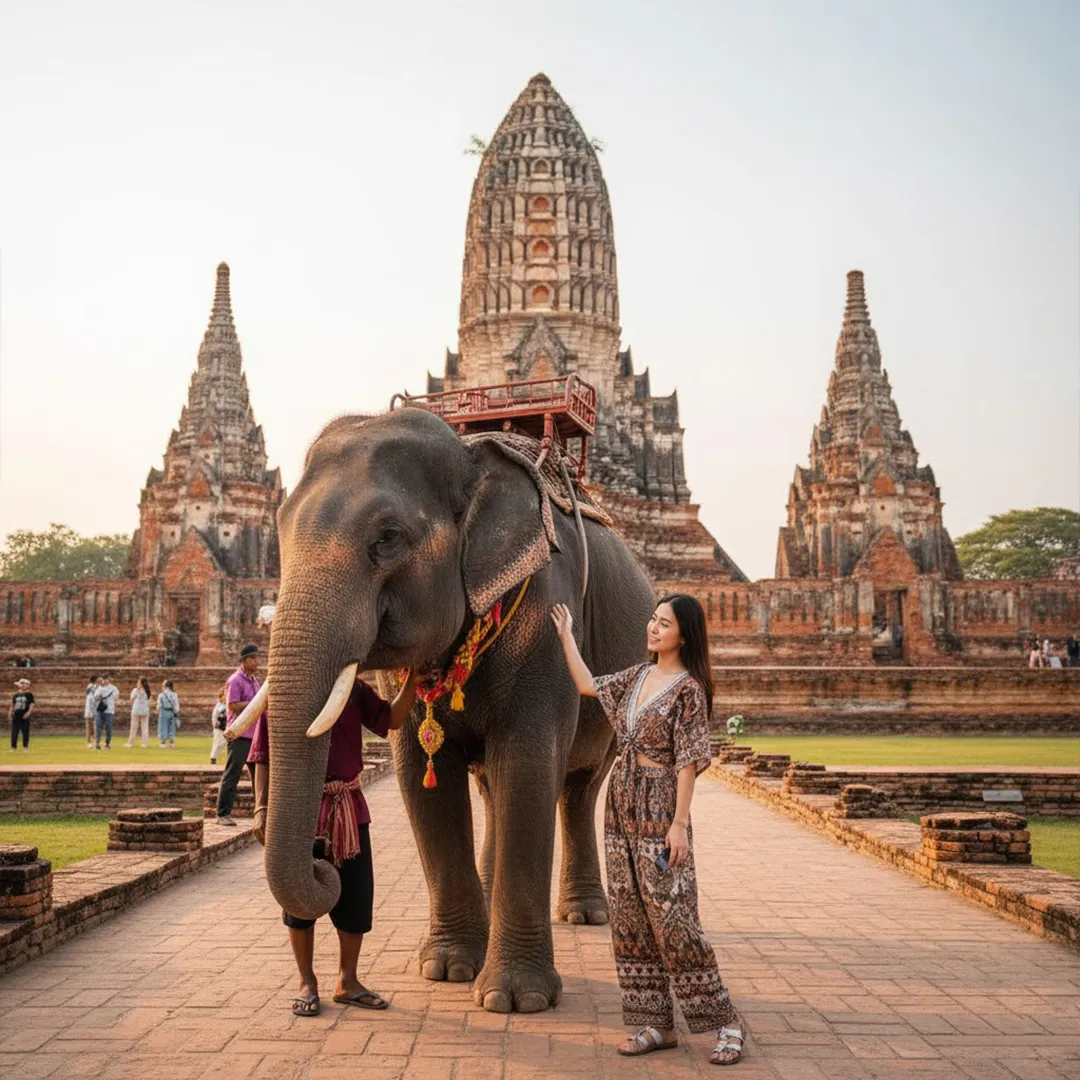 ถ่ายรูปกับน้องช้างท่ามกลางฉากวัดมงคลเมืองเก่า เช็กอินสุดชิคที่ไม่ควรพลาด
