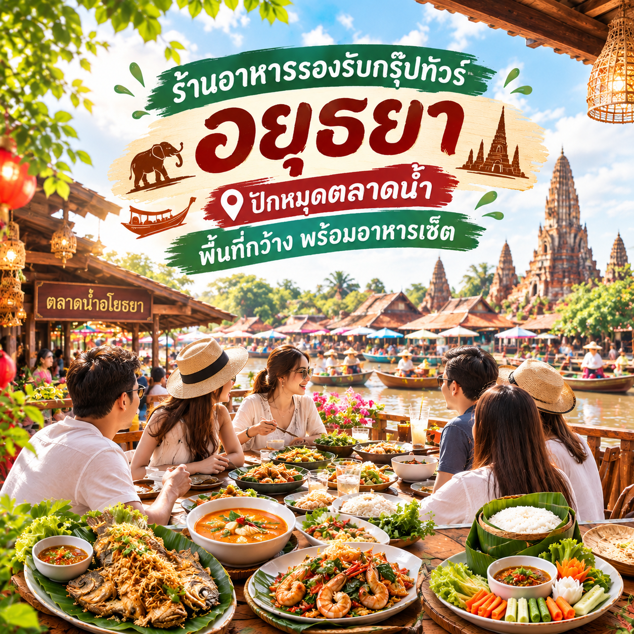 ร้านอาหารรองรับกรุ๊ปทัวร์ อยุธยา ปักหมุดตลาดน้ำ พื้นที่กว้าง พร้อมอาหารเซ็ต